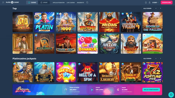 Große Auswahl an Slot-Spielen, Tischspielen und Live Casino bei Platin Casino