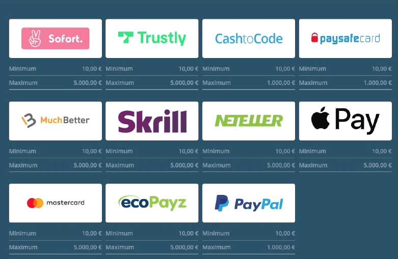 Übersicht der verfügbaren Zahlungsmethoden bei Platin Casino wie Kreditkarte, E-Wallets und Banküberweisung